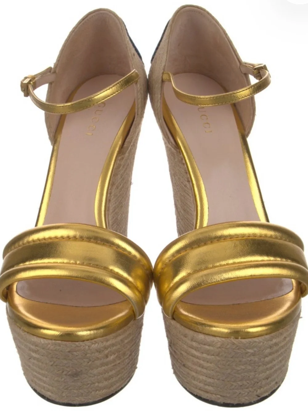 Gucci Gold Metallic Embroidered Espadrille Wedge Sandals